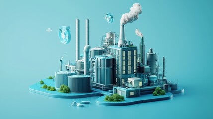 Obraz premium A futuristic 3D icon of eco-friendly factory design, featuring clean energy symbols and a team collaboration overlay. Blue industrial backdrop.