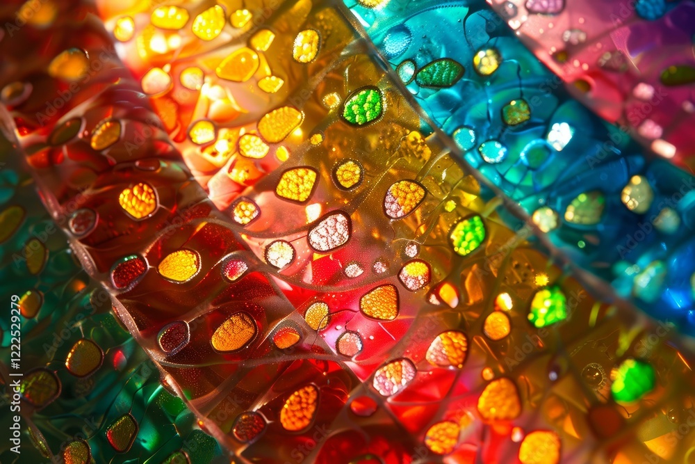 Poster light reflecting and refracting through colorful dichroic glass, creating a vibrant and mesmerizing 