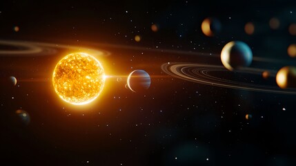 Sun and Planets Orbiting in Space with Stars and Galaxies