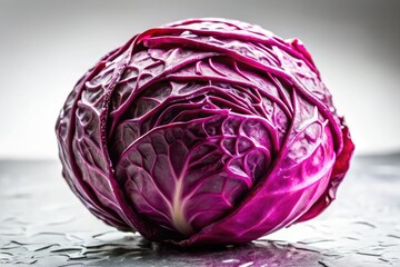 Vivid red cabbage, sharply focused, against a backdrop of urban decay's textured grit.