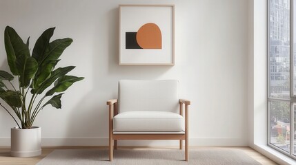 Fototapeta premium Furniture trendy and minimal innovative, A stylish living room features a modern chair, green plant, and abstract art, creating a cozy and inviting atmosphere.