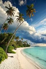 Tropical Beach Paradise with Palm Trees, Turquoise Ocean, and Golden Sunlight &ndash; Idyllic Island Scenery