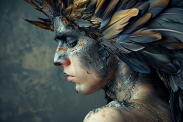 Profile of shaman with closed eyes wearing artistic feather headdress and body paint