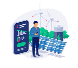 Renewable energy solar panels, wind turbines and battery storage. Clean electricity production monitoring app smartphone with grid power usage graph. Man person with phone in hand. Vector illustration