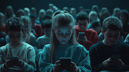 Many young kids boys and girls absorbed with mobile phones. Dependence on technology, children hooked on smartphone addiction, addicted to screens devices and excessive phone use