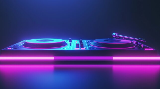 Futuristic Disc Jockey Set-Up with Glowing Interface and Retro Vinyl Turntables for Cinematic Vibes