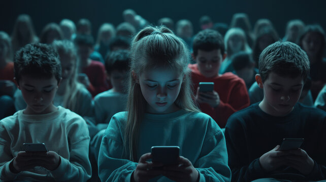 Many young kids boys and girls absorbed with mobile phones. Dependence on technology, children hooked on smartphone addiction, addicted to screens devices and excessive phone use