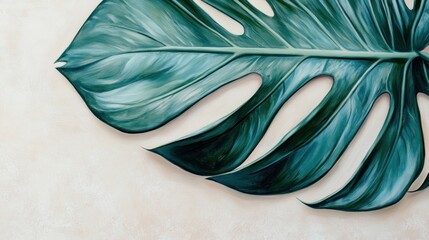 Detailed painting of a Monstera leaf with vibrant green hues on a textured background