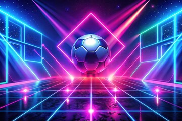 Naklejka premium Futuristic Neon Lights Illuminate a Soccer Ball Hovering Above a Retro Grid Floor