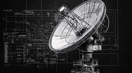 Highly detailed black and white satellite dish with a complex schematic blueprint background representing telecommunications and advanced technology
