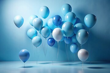 A cluster of pastel blue and white balloons floats gently against a serene light blue backdrop