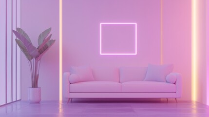 Serene Pastel Living Room with Mid-Century Sofa and Futuristic Digital Decor