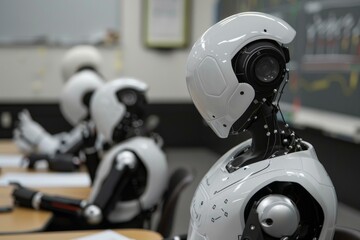 Fototapeta premium Humanoid robots are learning in a classroom, marking a significant advancement in artificial intelligence and robotics