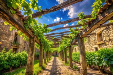 Fototapeta premium Sun-Drenched Pathway Under Rustic Wooden Grapevine Arbor, Lush Greenery and Stone Walls