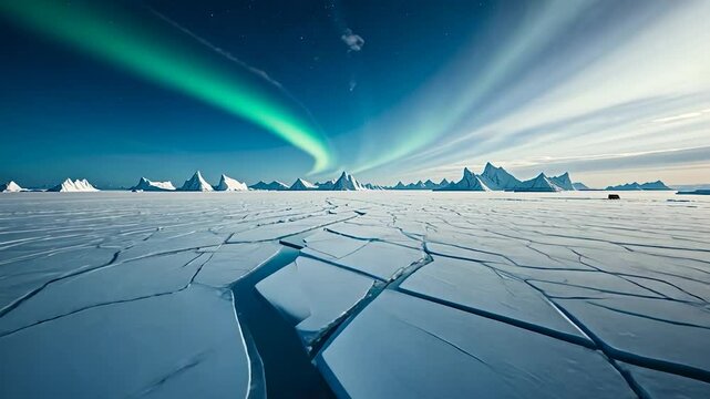 aerial view of a sprawling Arctic tundra, with vast, icy plains stretching into the horizon