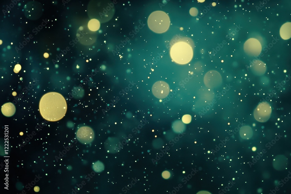 Poster ethereal bokeh lights on dark teal background, abstract background with glowing circles and sparklin