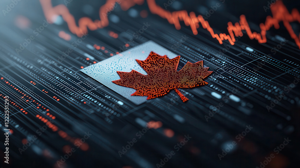 Poster Canadian flag on digital background with data patterns and graphs, symbolizing technology and finance. image conveys modern and innovative atmosphere