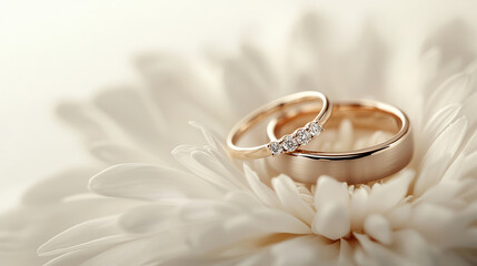 Elegant wedding rings on delicate flower, symbolizing love and commitment. rings feature gold band and sparkling diamonds, perfect for romantic occasion