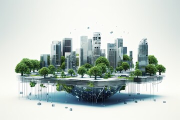 Green eco smart city illustration, futuristic town in blue, white and green colors. Ecological megapolis with smart technologies