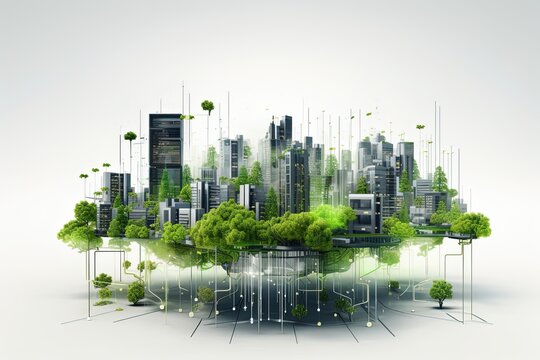 Green eco smart city illustration, futuristic town in blue, white and green colors. Ecological megapolis with smart technologies