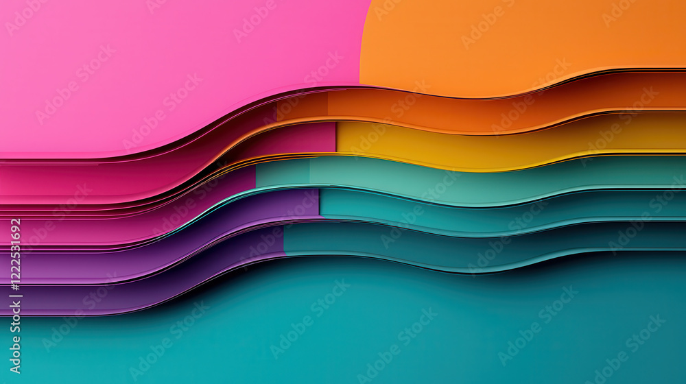 Poster colorful overlapping curved lines create vibrant abstract background with shades of pink, orange, pu