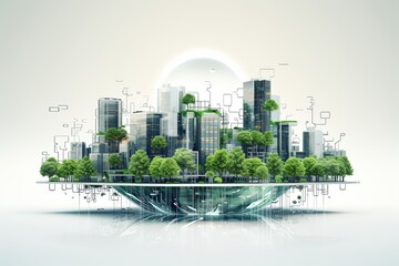 Green eco smart city illustration, futuristic town in blue, white and green colors. Ecological megapolis with smart technologies