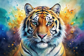 Fototapeta premium A Bengal tiger explodes in surreal watercolor ink, a vibrant splash of isolated power.