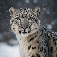Obraz premium A regal snow leopard cat looking directly at the viewer, glowing against white.