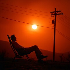 Fototapeta premium Serene Silhouette of Man against Sunset Horizon in Tranquil Landscape