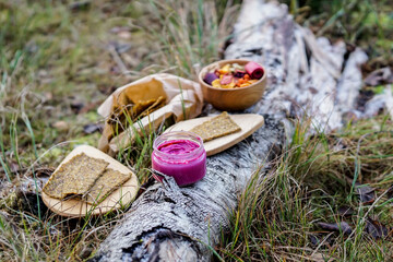 Picnic in the forest, eating homemade bread and beetroot dip, drinking herbal tea
