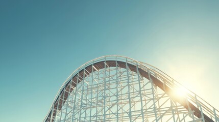 Thrilling Wooden Roller Coaster Silhouette with LED-Upgraded Cars Gliding in Bright Sunshine Cinematic Image