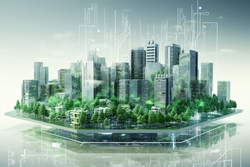 Green eco smart city illustration, futuristic town in blue, white and green colors. Ecological megapolis with smart technologies