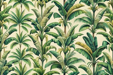 Lush Tropical Palm and Banana Tree Seamless Pattern Design for Textile, Wallpaper, or Fabric
