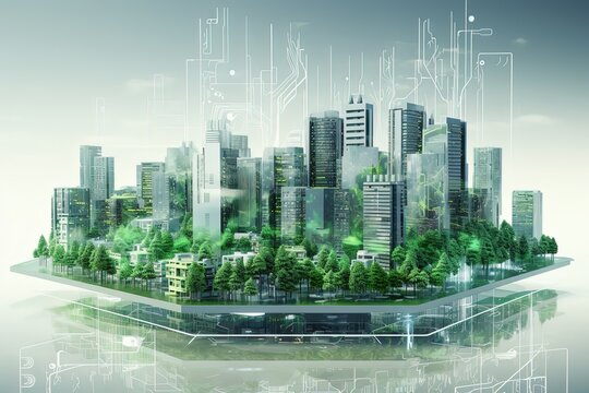 Fototapeta Green eco smart city illustration, futuristic town in blue, white and green colors. Ecological megapolis with smart technologies