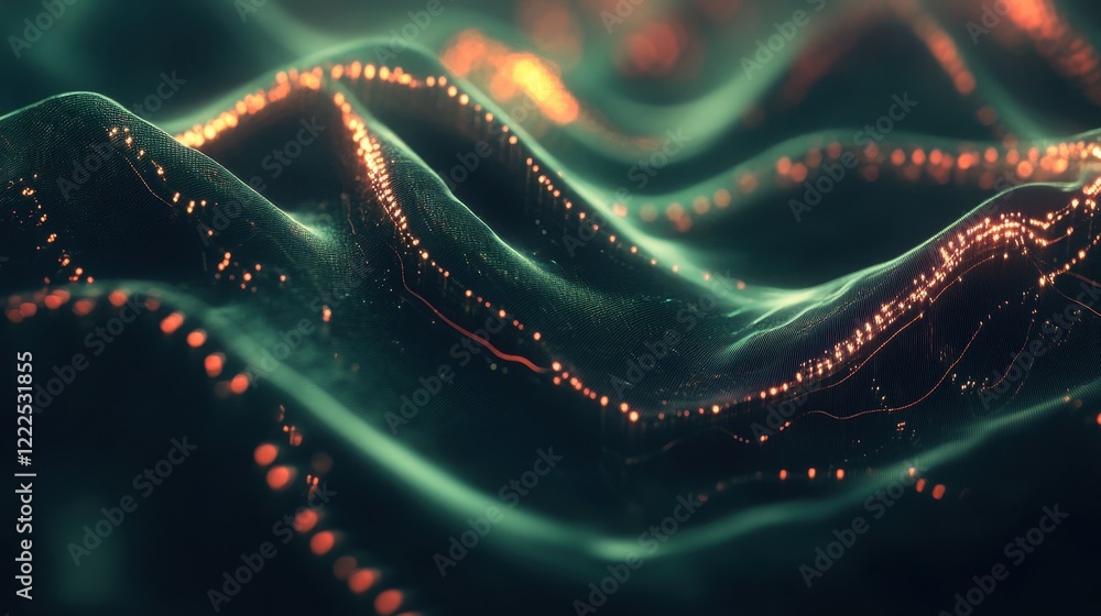 Poster abstract digital wavy terrain with glowing red nodes and lines, data visualization concept.