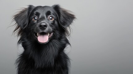 Obraz premium Happy black dog portrait, studio shot, grey background, pet adoption