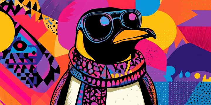 A bold pop art illustration of a penguin wearing oversized sunglasses and a patterned scarf, surrounded by vibrant abstract shapes and colors