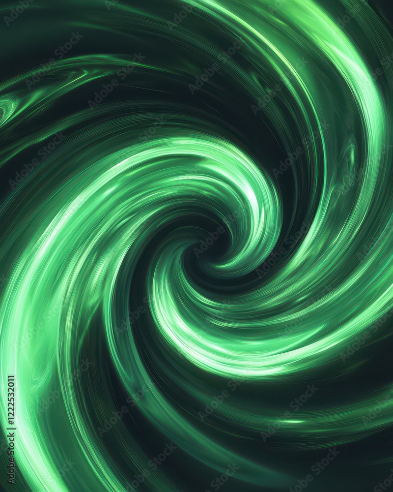 Poster emerald green swirling abstract vortex background with dark depth, glowing lines and motion blur.