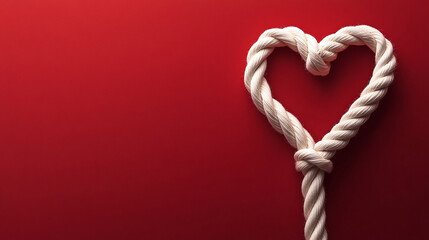 Knot tied from white rope in shape of heart on red background. Symbol of love and affection. Valentine's day concept.