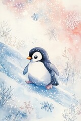 A watercolor illustration of an adorable penguin sliding down a snowy hill with snowflakes and soft pastel tones in a whimsical winter scene