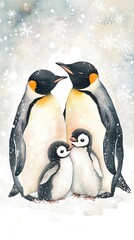 Fototapeta premium A watercolor illustration of two adult penguins lovingly standing with their two chicks in a snowy scene adorned with delicate snowflakes