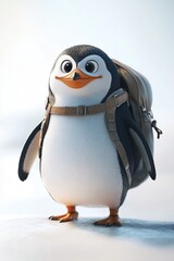 Fototapeta premium A 3D illustration of a happy penguin wearing a beige backpack, standing on ice and ready for a fun adventure