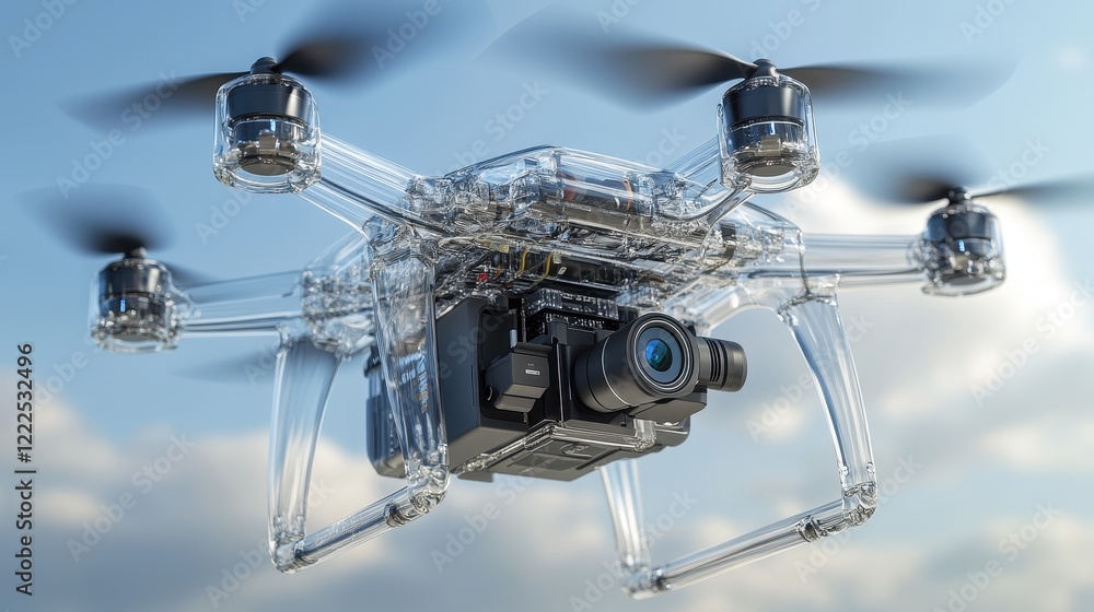 Aufkleber transparent drone in flight with visible internal components and rotating propellers.