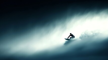 Surfer Riding a Powerful Wave in Dramatic Ocean Landscape