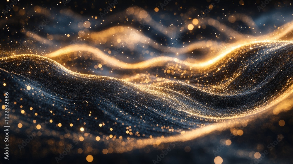 Poster abstract glowing gold wave with dynamic lighting and sparkles on a minimalist black background