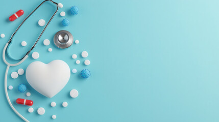 Fototapeta premium stethoscope, heart shape, and various pills and capsules are arranged on blue background, symbolizing health and wellness. This composition evokes sense of care and medical attention