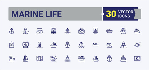 Marine Life lined icons set. It contains symbols to logistic, freight, water, marine, transportation, anchor and more. Symbol. Vector line and solid icons.
