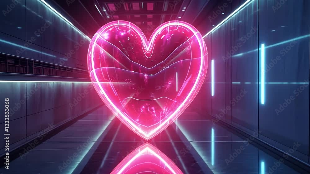 Fototapete A glowing pink heart is centrally placed in a sleek corridor with futuristic lighting. The reflections and colors create an inviting and artistic atmosphere, emphasizing creativity.
