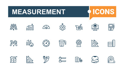 Measurement icons set. Featuring clock, stopwatch, barbell, tool, arrow, crane hook, sand glass and more. Thin outline icons pack. Solid line editable stroke. Vector line and solid icons.