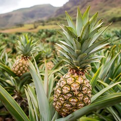 Obraz premium Pineapple growing on the field. Pineapple plantation in the mountains.